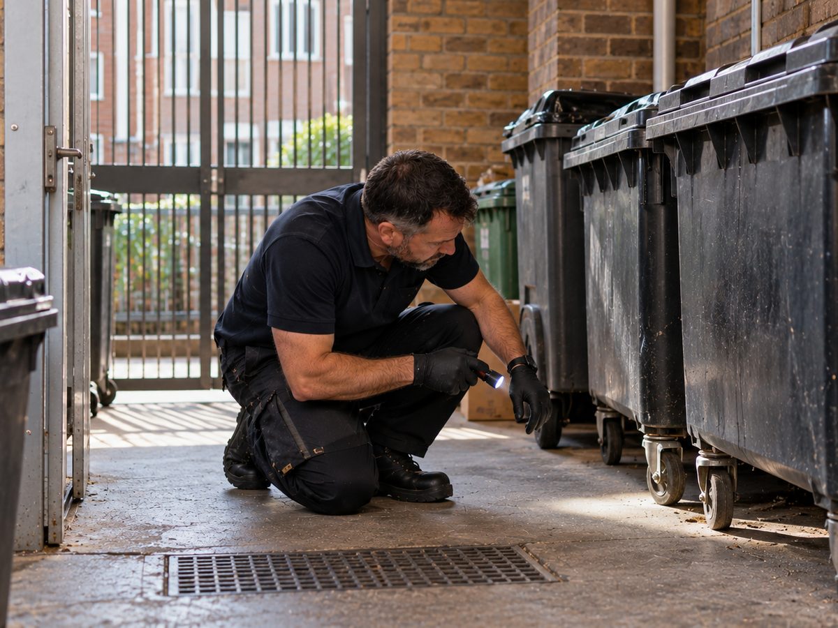 Technician inspecting a residential block bin store