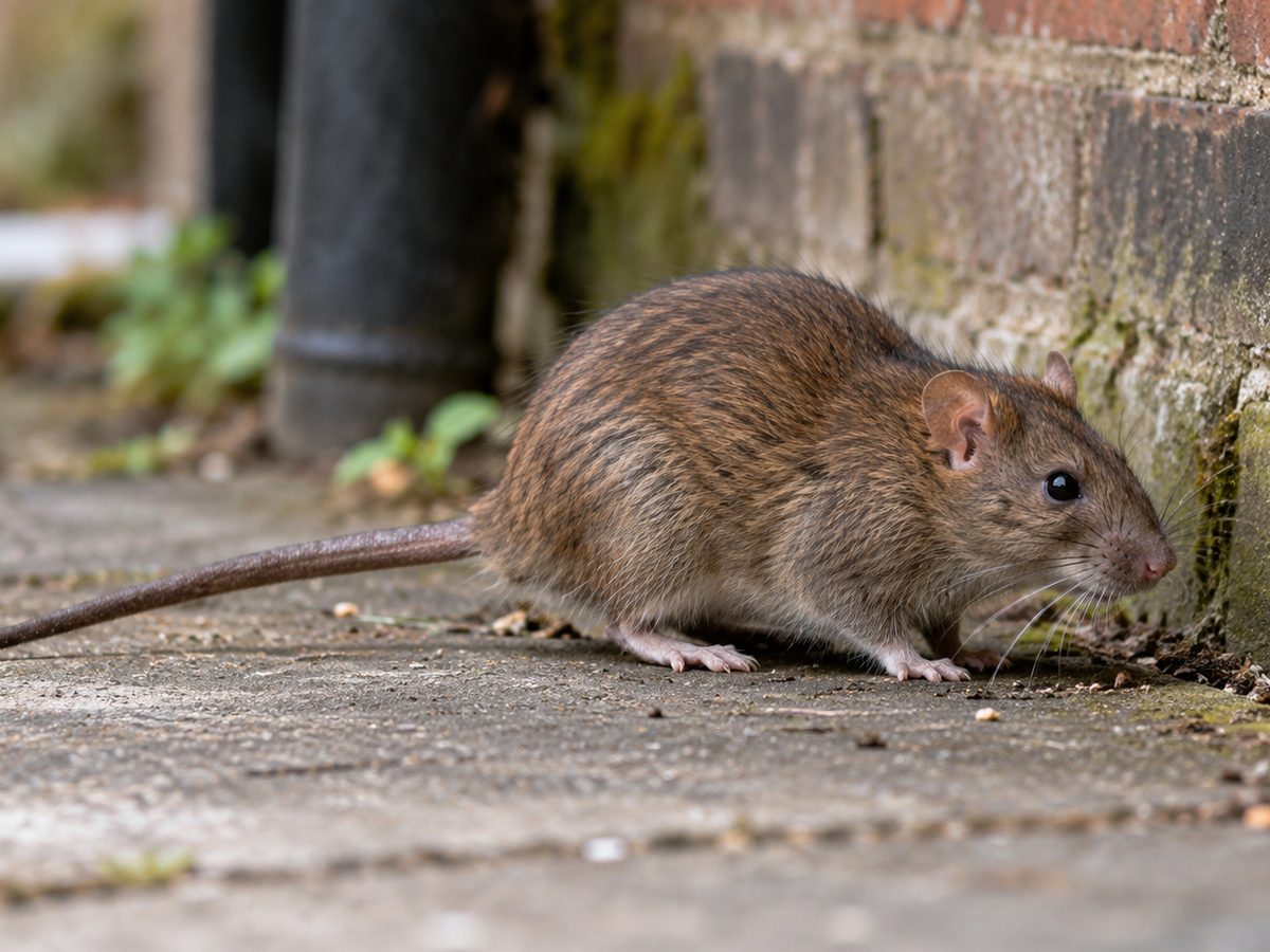 Brown rat beside an exterior brick wall
