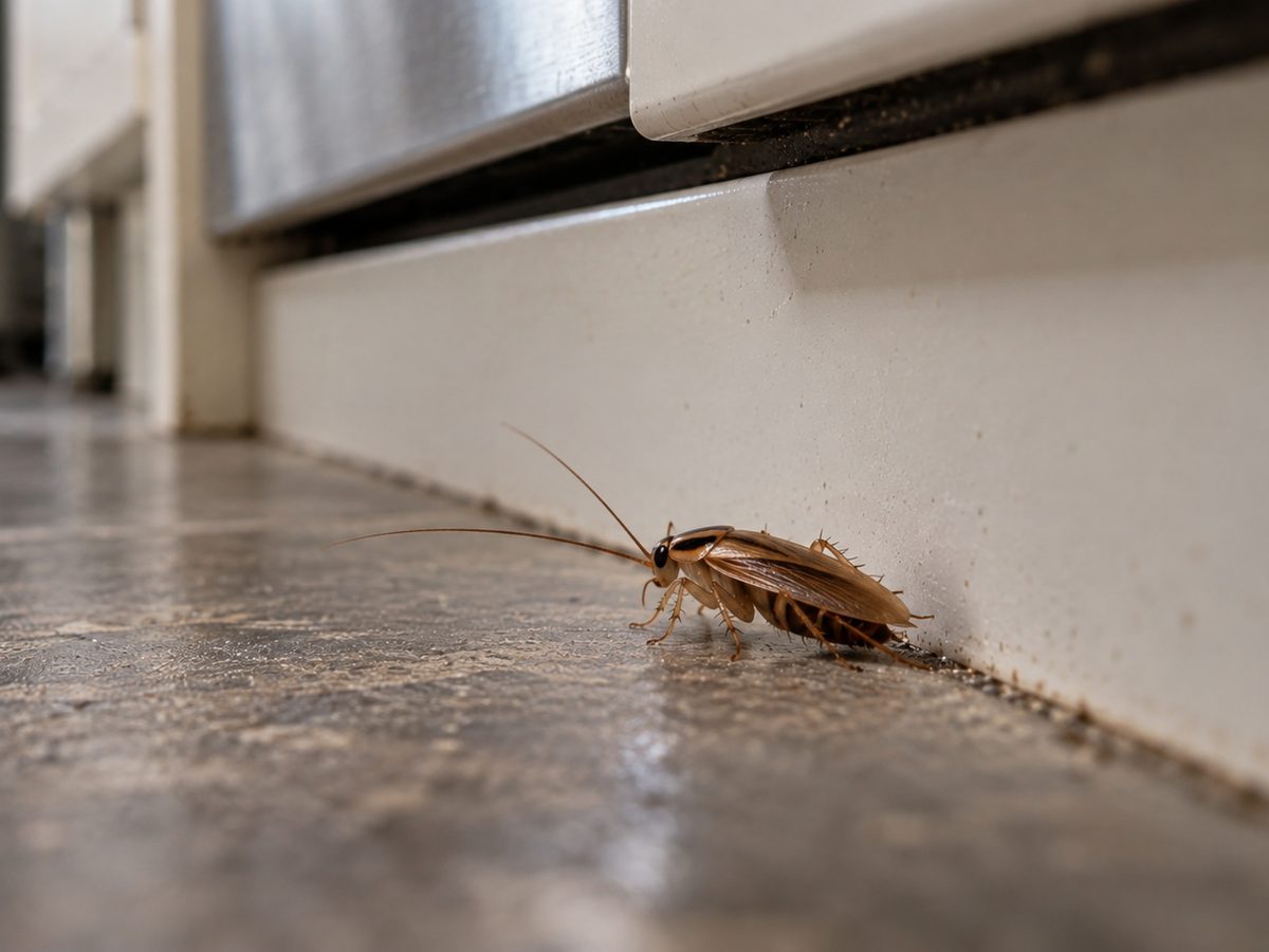 Cockroach on a kitchen floor beside a kickboard