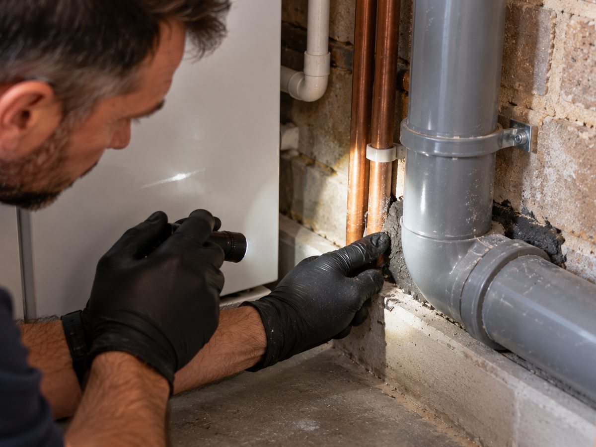 Technician checking a sealed gap around a pipe entry point