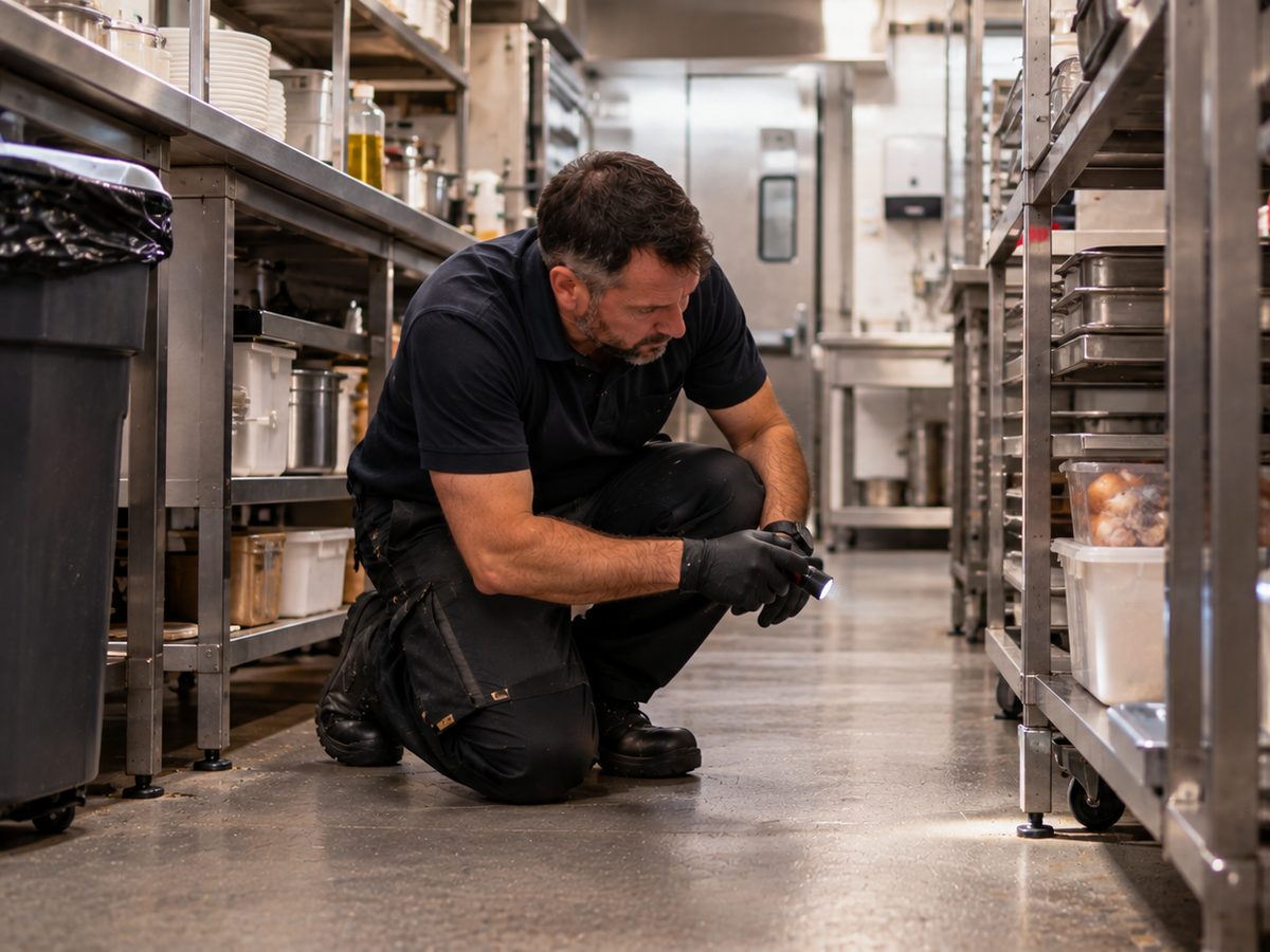 Technician inspecting shelving in a restaurant back-of-house area