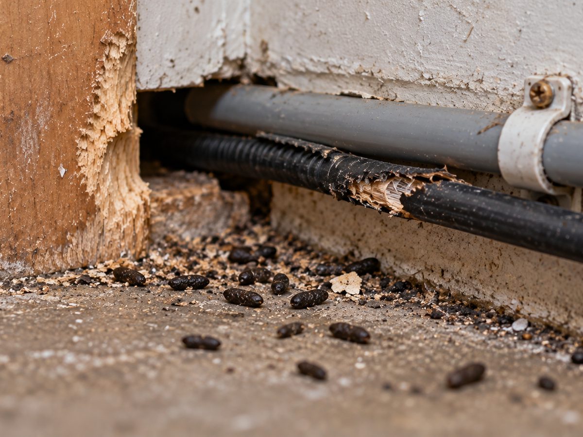 Rodent droppings and gnaw damage to timber and cables